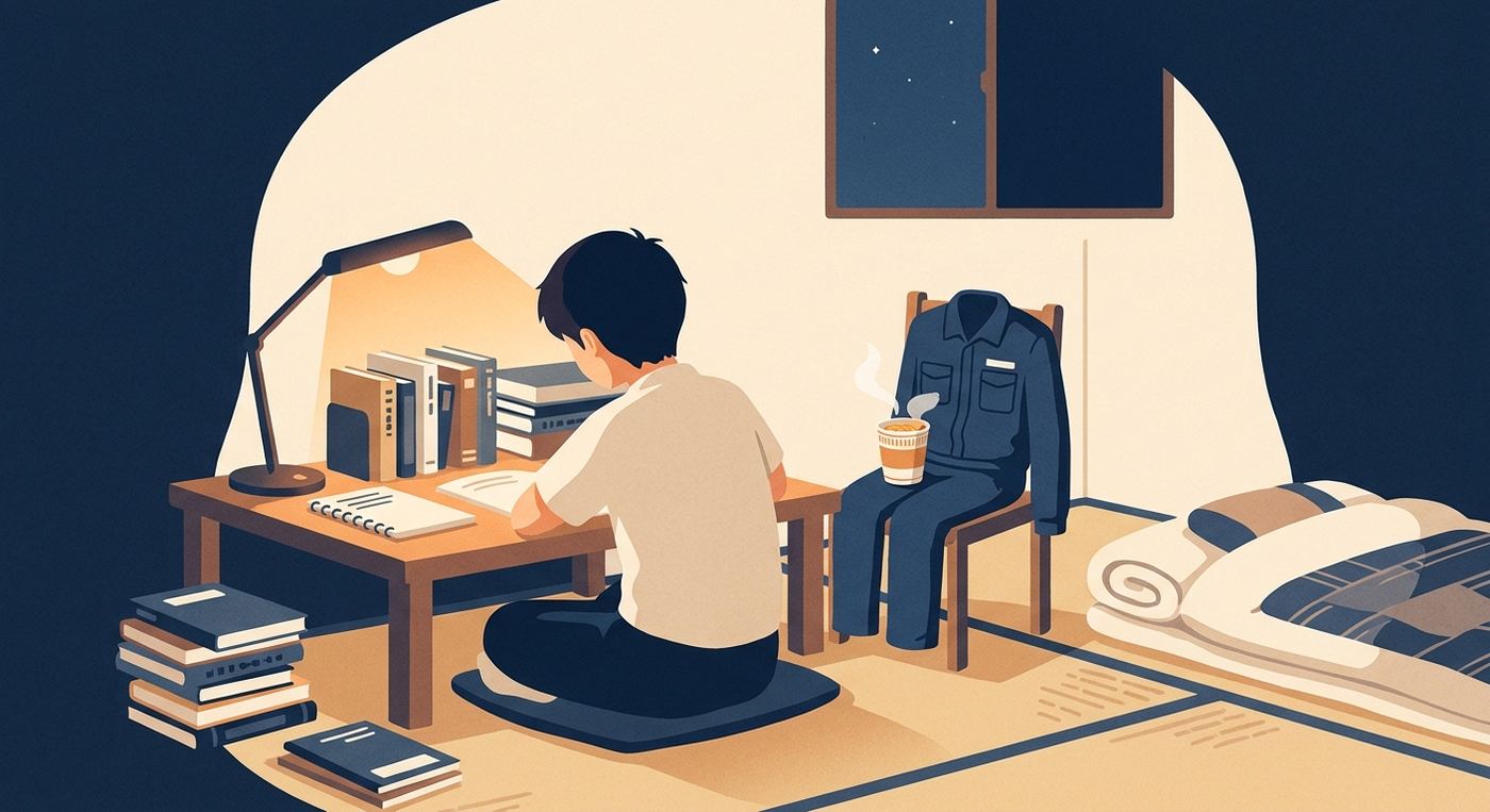 Căn phòng trọ nhỏ ở Nhật lúc hai giờ sáng: một bạn sinh viên ngồi học dưới ánh đèn bàn, bên cạnh là bộ đồng phục làm thêm.