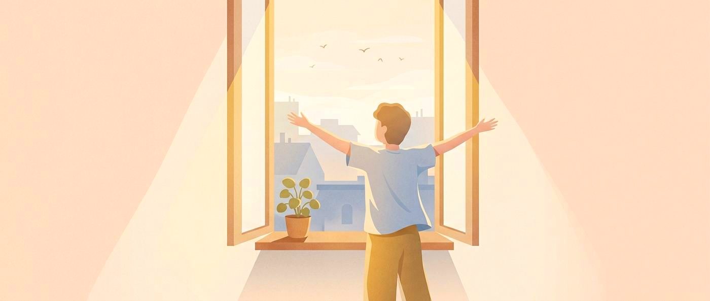 Một bạn trẻ đứng mở toang cửa sổ đón nắng sớm, bên bệ cửa có chậu cây nhỏ.