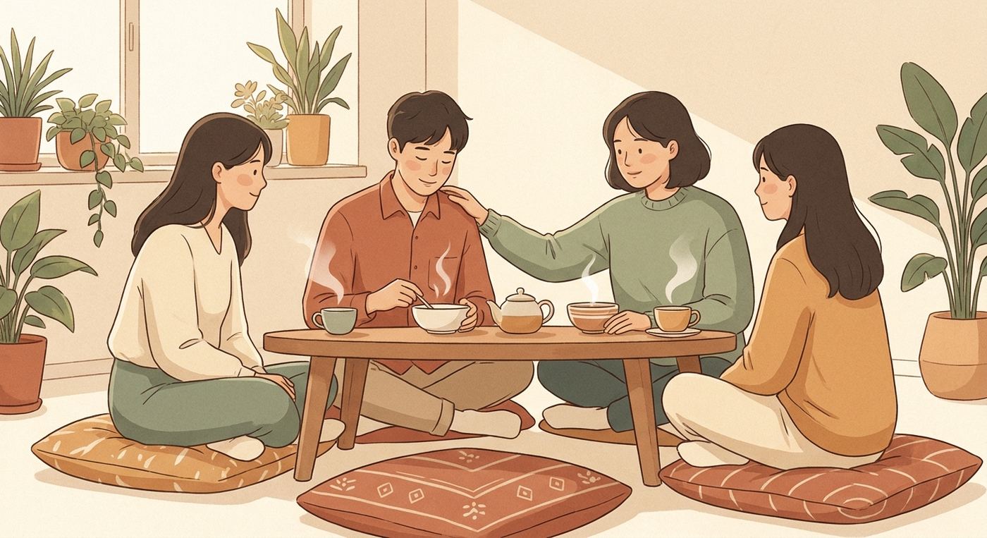 Bốn bạn trẻ ngồi quanh chiếc bàn thấp trong một ngôi nhà chung, cùng ăn bữa cơm ấm, một người đặt tay lên vai người bên cạnh.