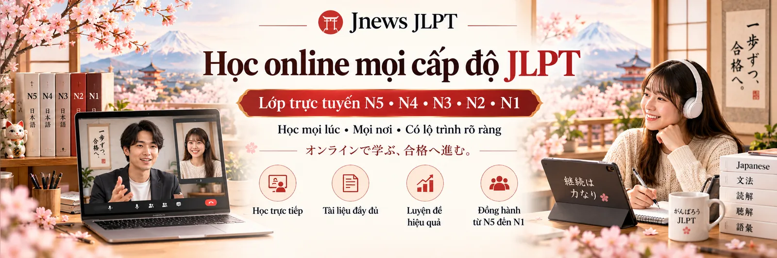 JLPT classes online at every level, N5 to N1. Study any time, anywhere, on a clear roadmap.