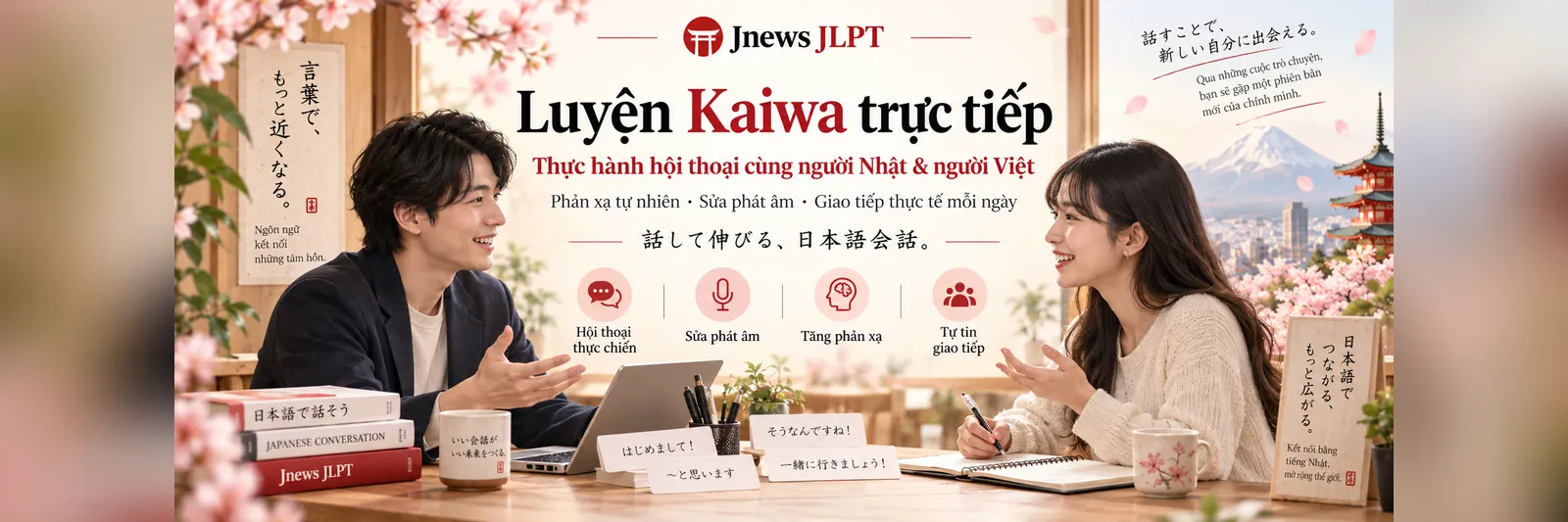 Live Kaiwa practice with Japanese and Vietnamese speakers: natural reflexes, pronunciation fixes, real conversation.