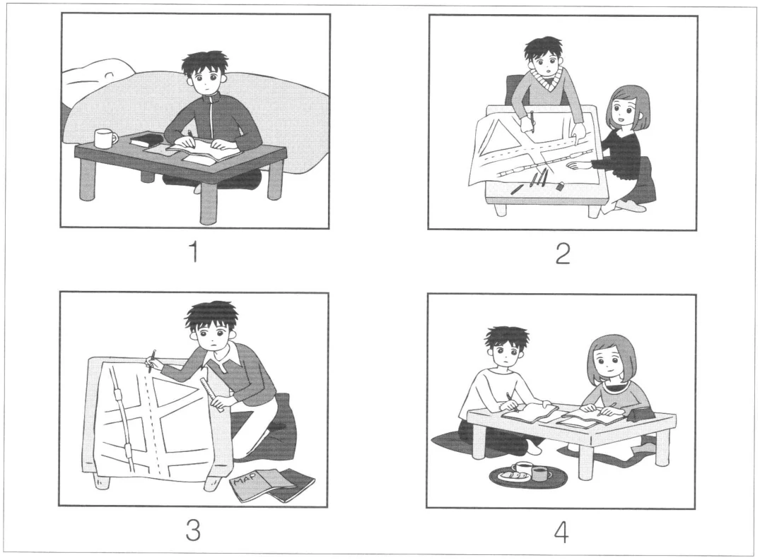 Practice · もんだい1 · 1ばん · Four choice pictures, numbers 1 to 4