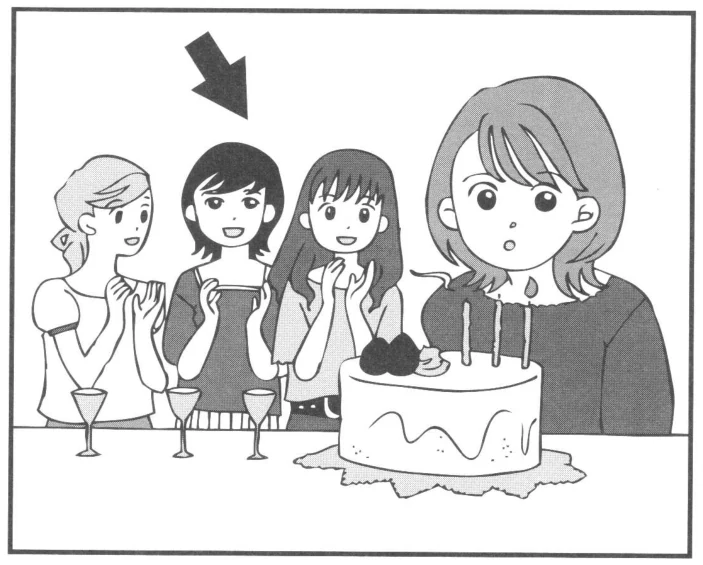 Practice · もんだい3 · 3ばん · Situation picture, arrow indicating speaker